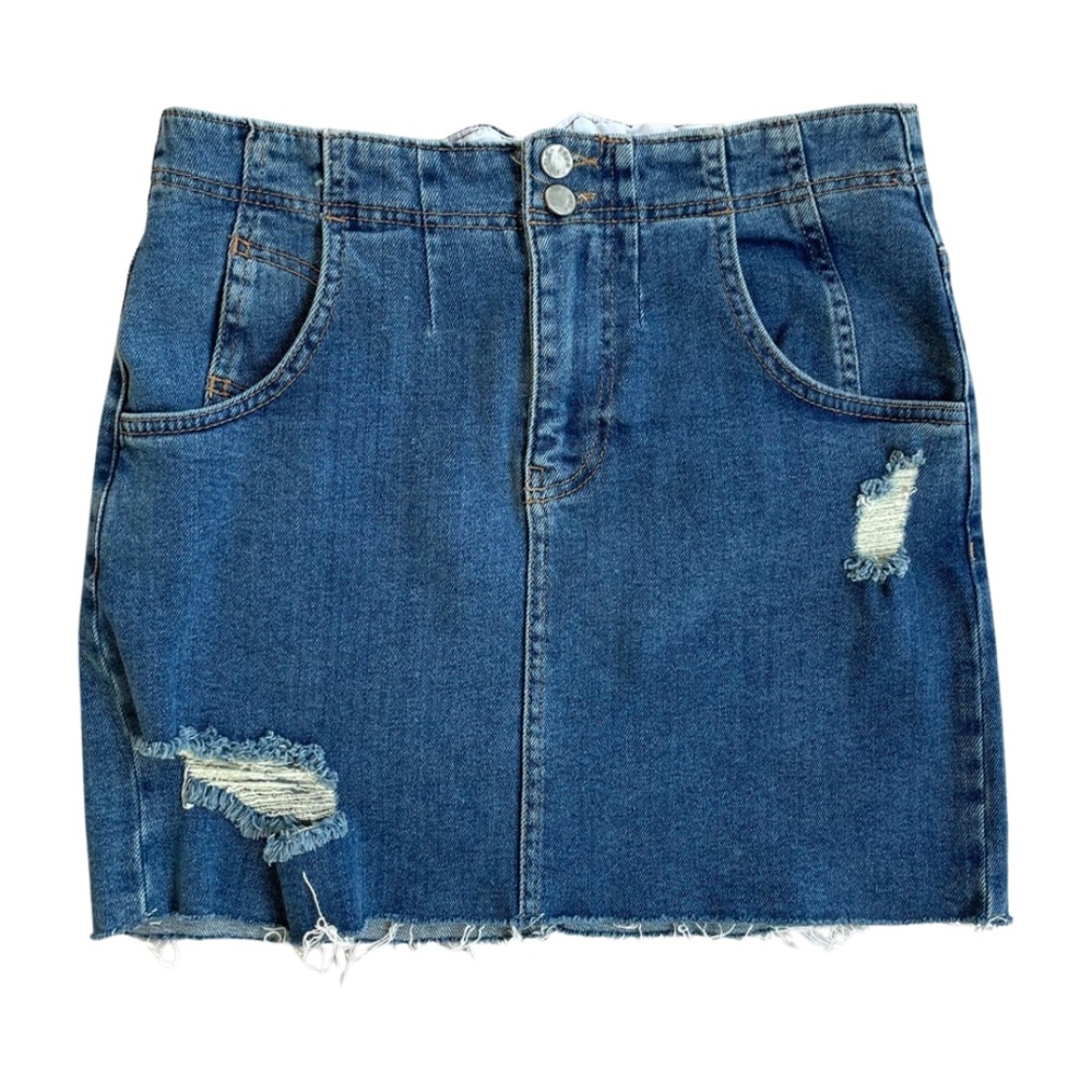 BNWT Free People Blue Denim Ripped Mini Jean Skirt SZ. 4